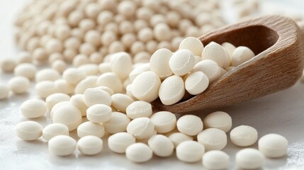 Close-up of white pills on wooden spoon, spilling out and scattered on a white surface.