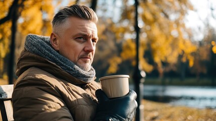 Middle-aged man with slight tremor holding cup of coffee on park bench, symbolizing struggle with Parkinson's disease, calm natural setting.