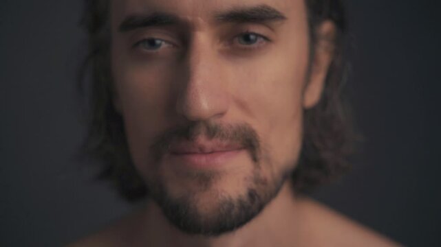 handsome&nbsp;person European&nbsp;with&nbsp;no&nbsp;clothes,&nbsp;captured&nbsp;in&nbsp;close-up&nbsp;long&nbsp;hair,&nbsp;large&nbsp;beautiful&nbsp;eyes,&nbsp;unshaven&nbsp;face look&nbsp;shyly,&nbsp;smile&nbsp;with&nbsp;dimples&nbsp;on&nbsp;their&nbsp;cheeks,&nbsp;glance&nbsp;away&nbsp;puzzled,&nbsp;purse&nbsp;their&nbsp;lips 
