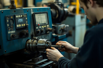 A turner carefully adjusts the components of a lathe machine in a workshop, ensuring accurate setup for upcoming machining processes. Focused on precision.