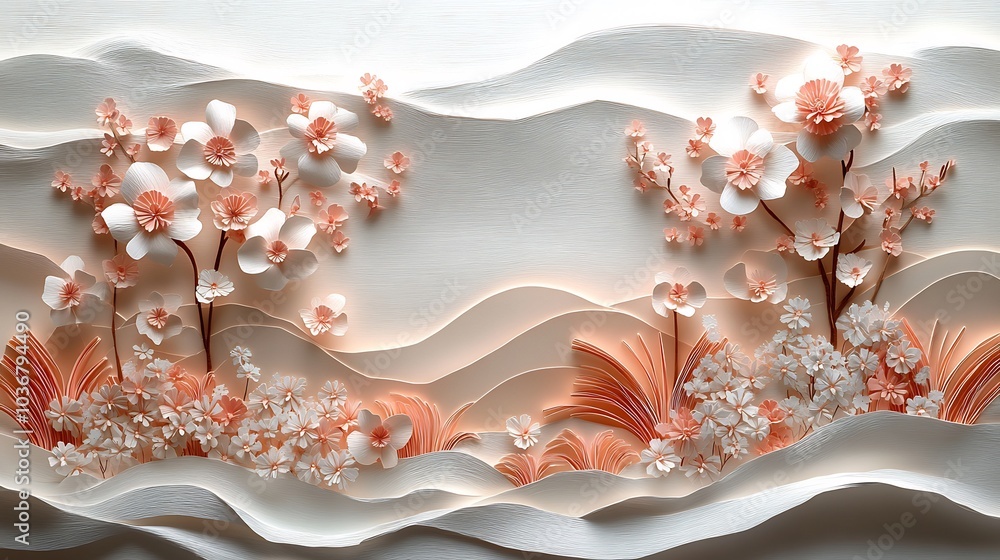 Poster intricate empty papercut nature icon resting in a beautifully layered paper frame with delicate flor