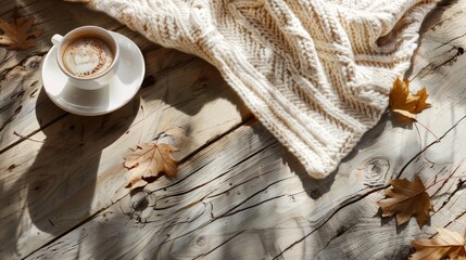 Cozy flat lay  a warm scene with knitted blanket, coffee, and rustic wooden table accents