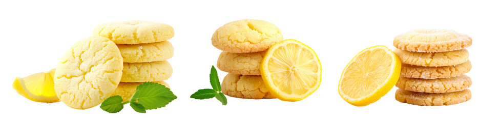 Lemon cookies, made with fresh lemons and mint, Rugelach cookies and Cracked Oatmeal Raisin cookies isolated on white transparent background.