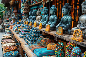 Fototapeta premium Asian oriental souvenir stall with Buddha statues, religious products for tourists and travelers.
