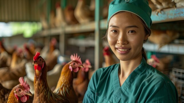 Happy veterinary worker examines poultry for bird flu vaccine and wellness, with a focus on growth hormone treatment in a rural setting