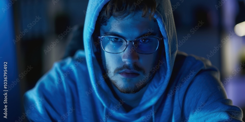 Poster individual in a hoodie working on a computer, focusing on cybersecurity, hacking software, and devel