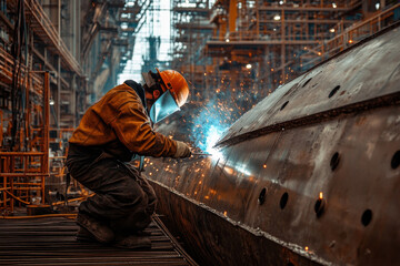 A skilled welder is focused on welding the hull of a large ship, surrounded by the bustling activity of a shipyard, with sparks flying in the air.
