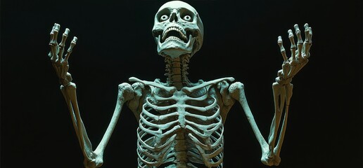 Spooky skeleton with raised hands and surprised expression standing against dark black background, eerie Halloween theme, haunting figure in mysterious atmosphere
