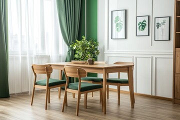 modern wooden dining table set and chairs in stylish green and white room with elegant wooden floor 