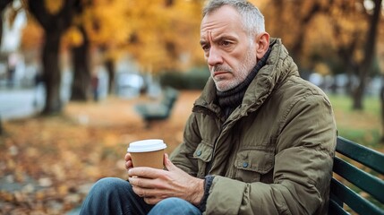 Middle-aged man with slight tremor holding cup of coffee on park bench, symbolizing struggle with Parkinson's disease, calm natural setting.