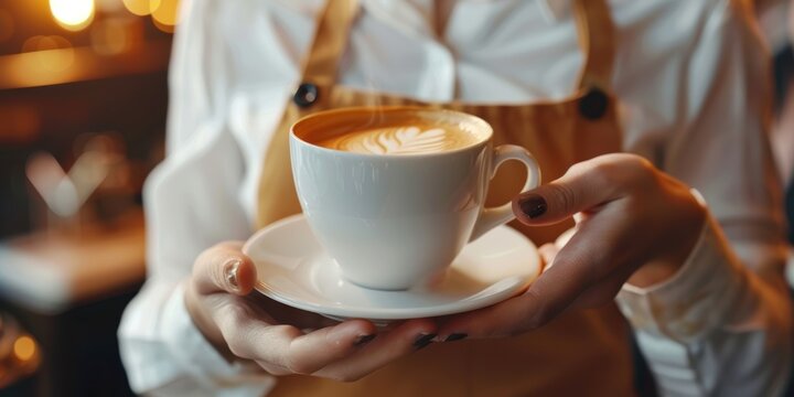 Server assisting a customer with a hot beverage, focusing on wellness and hydration, featuring a latte mug and espresso drink in a dining setting