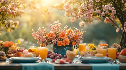 Inviting spring table scene with colorful dishes and decorations surrounded by blooming trees A softfocus sunny garden in the background creates a dreamy atmosphere perfect for gatherings
