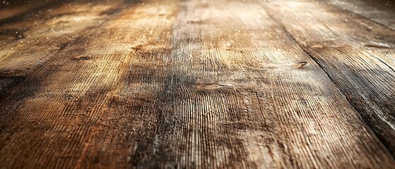Naklejka premium A beautifully textured wooden floor with warm tones, showcasing natural grains and a hint of dust, creating a cozy and inviting atmosphere.