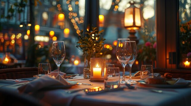 Luxury dining setup for celebrations like birthdays or New Years, featuring elegant table arrangements and decorative elements with champagne and wine glasses at a festive event