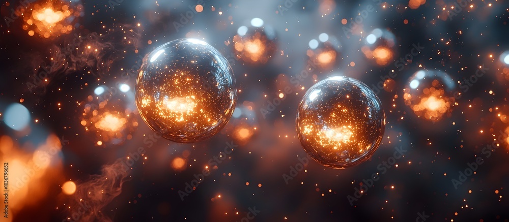 Poster an abstract composition featuring shimmering spheres in a cosmic setting, illuminated by warm orange