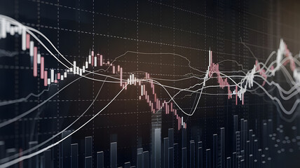 An abstract financial chart, with lines curving and merging, showing fluctuating market trends.

