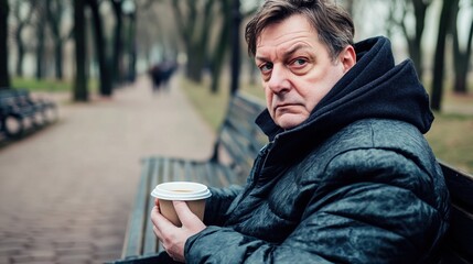Middle-aged man with slight tremor holding cup of coffee on park bench, symbolizing struggle with Parkinson's disease, calm natural setting.