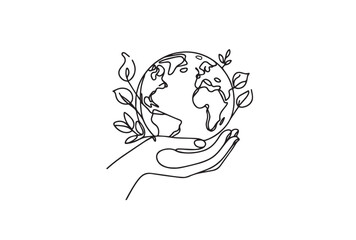 Earth on hand Continuous line drawing, Eco and earth day concept