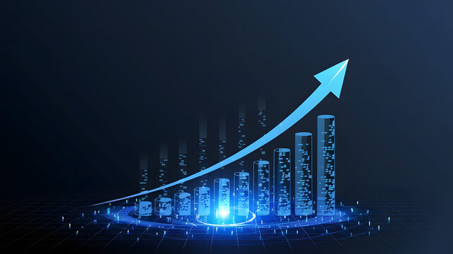 An upward trending arrow, seamlessly blending into a digital matrix, symbolizing data-driven growth.
