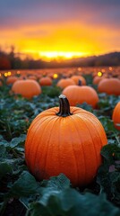 Pumpkin in a Field at Sunset - Realistic Photo