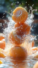 Fototapeta premium A vibrant splash of water around stacked oranges creates a refreshing summer vibe, capturing the essence of citrus freshness and vitality.