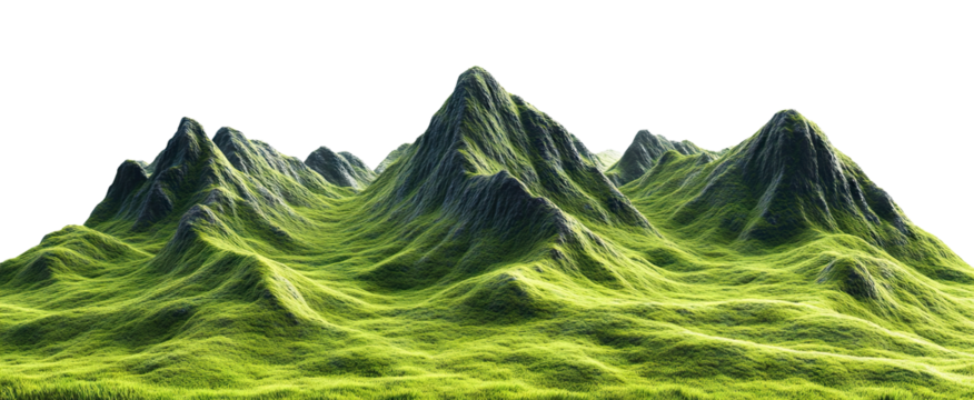 Idyllic green mountains and valleys with soft grassy slopes, isolated on transparent cutout