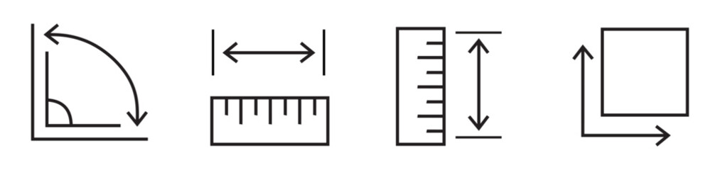 Line icons about length, weight and volume. Contains such icons as ruler, m2, area and more