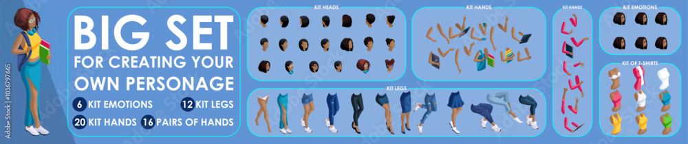 Poster isometric woman black characters constructor for designed. set various action n2. set of students pe