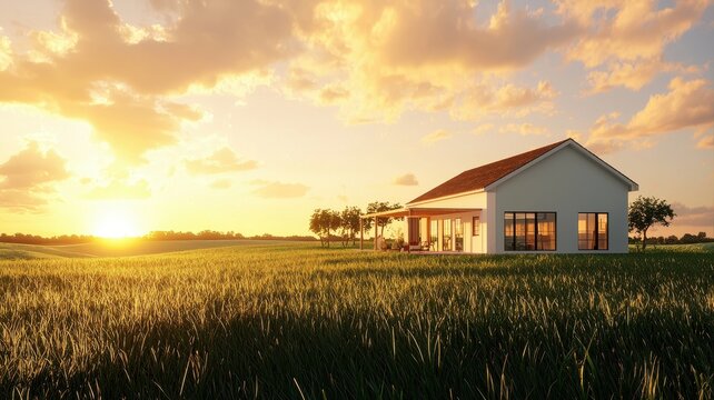 Modern house in a vast green field during sunset with beautiful sky.