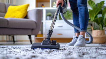 Female using a vacuum cleaner on a carpet in a living space, focusing on hygiene and housekeeping practices during spring cleaning