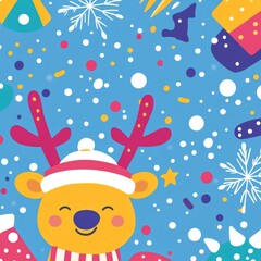Fototapeta premium A cheerful cartoon reindeer with festive elements on a blue background.