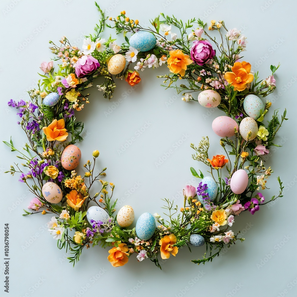 Poster artistic flat lay of festive easter wreath made from an array of spring flowers and easter eggs crea