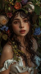 Fototapeta premium A Woman Adorned with Flowers: A Dreamy Portrait