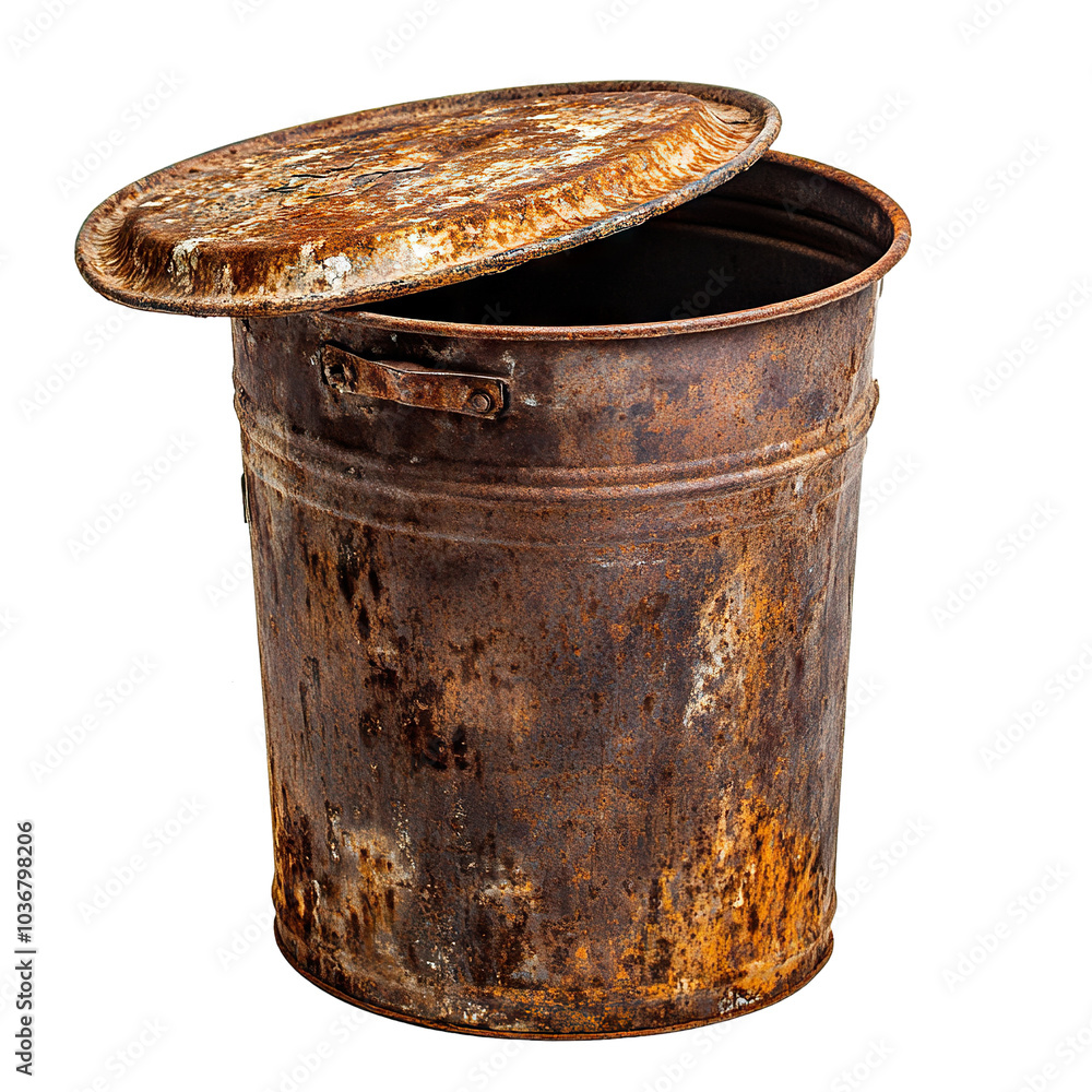 Poster old rusty metal trash can with open lid, isolated on transparent cutout background
