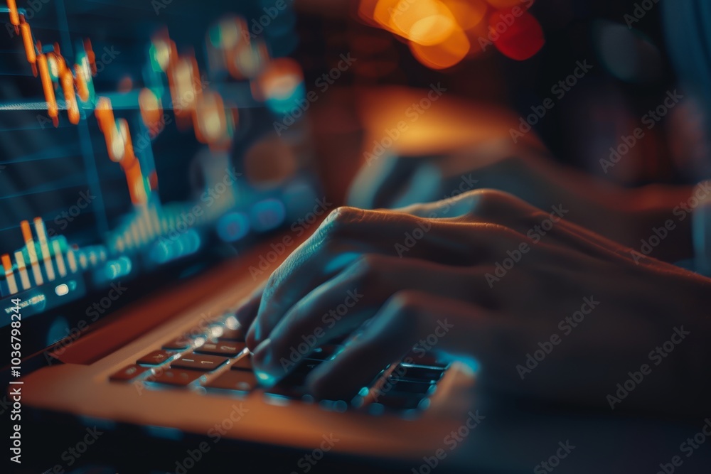 Poster hands typing on a laptop with an overlay of data, exploring crypto trading, blockchain analysis, and