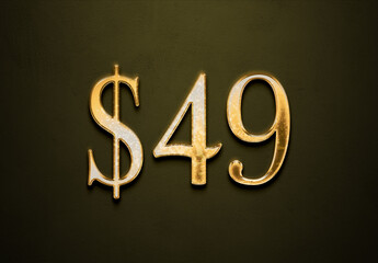 Old gold effect of 49 dollars with 3D glossy style Mockup.