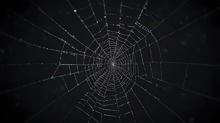 Naklejka premium Spider web silhouette against black wall, halloween theme dark background, abstract background of an intricate spider web with delicate, shimmering silver threads against a dark and misty backdrop.