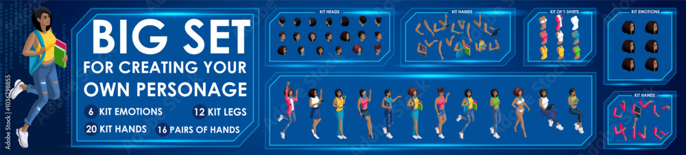 Poster isometric woman black characters constructor for designed n2. presentation in various action. set of