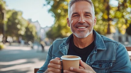 Middle-aged man with slight tremor holding cup of coffee on park bench, symbolizing struggle with Parkinson's disease, calm natural setting.