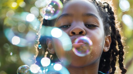 Child and girl having fun blowing bubbles outdoors, experiencing joy and learning through play with a soap bubble toy while relaxing on the grass
