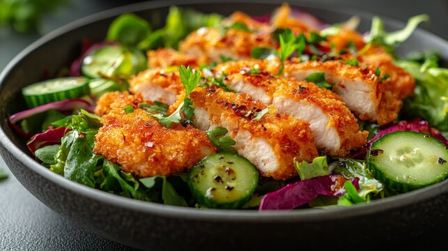 A vibrant bowl of crispy chicken salad with fresh vegetables and herbs.