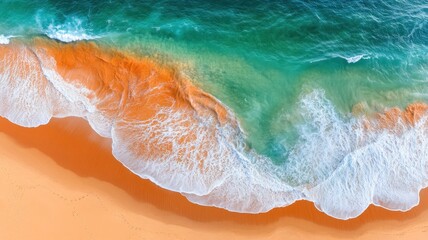 Aerial view of ocean waves meeting sandy shore.