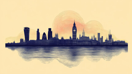 Stylized sunset illustration of London with Big Ben