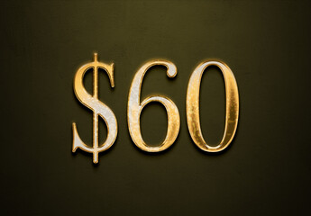 Old gold effect of 60 dollars with 3D glossy style Mockup.