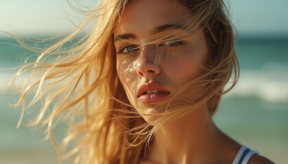 Fototapeta premium A beautiful blonde woman standing on a beach, her hair blowing in the wind, with the ocean in the background.