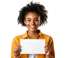 Smiling young African American woman holding a blank paper sheet, isolated on transparent cutout