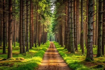 mysterious coniferous forest during summer