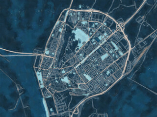 Painterly Style City Map of Huelva, Spain in a Blue Color Scheme.