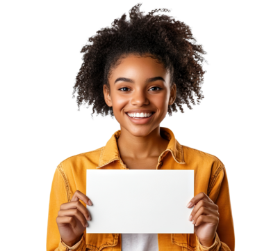 Smiling young African American woman holding a blank paper sheet, isolated on transparent cutout - Powered by Adobe