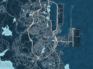 Painterly Style City Map of Algeciras, Spain in a Blue Color Scheme.